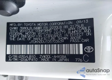 2013 Toyota Prius Four from USA, damaged, VIN JTDKN3DU1D5703639